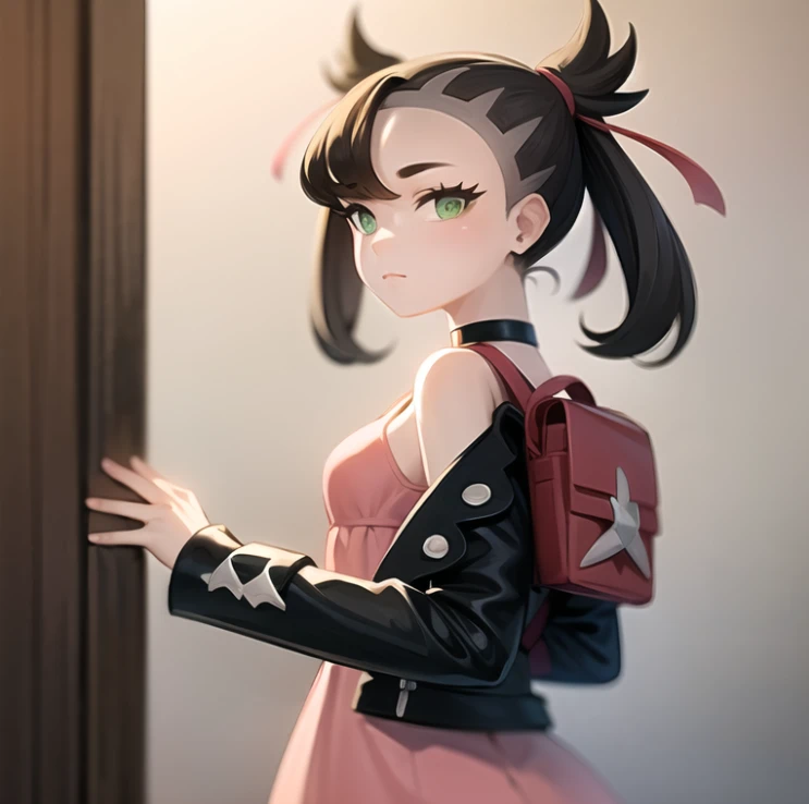 beautiful, masterpiece, best quality, extremely detailed face, perfect lighting, 1girl, solo, sketch, <lora:Afrobull:0.3>, <lora:PokeMarnie:1>, marnie \(pokemon\), green eyes, asymmetrical bangs, backpack, bag, black choker, black jacket, blurry, blurry background, choker, closed mouth, dress, from behind, indoors, jacket, long sleeves, looking at viewer, looking back, off shoulder, pink dress, red bag, solo
