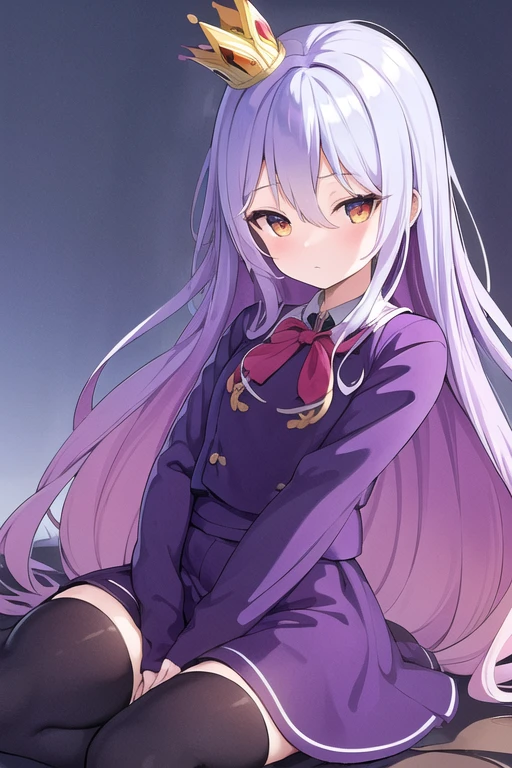 ((masterpiece, best quality)), (ultra-detailed:1.2), <lora:MaismansShiroLora:0.6>, Shiro, shiro_(no_game_no_life), No Game No Life, purple clothes, long hair, purple thighhighs, long hair, 1girl, blurry background, (crown), very_long_hair, blue background, (lying),