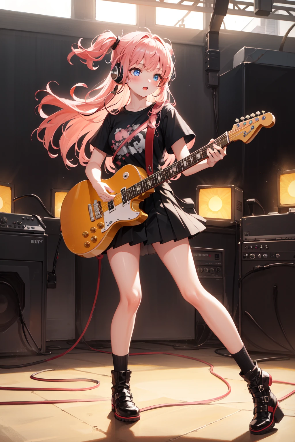 1girl, masterpiece, best quality, (extremely detailed CG unity 8k wallpaper, masterpiece, best quality, ultra-detailed, best shadow), (detailed background:1.4), (beautiful detailed face, beautiful detailed eyes), High contrast, (best illumination, an extremely delicate and beautiful),(girl:1.5), solo, black skirt, blue eyes, electric guitar, guitar, headphones, holding, holding plectrum, instrument, long hair, , music, one side up, pink hair, playing guiter, pleated skirt, black shirt, indoors ((caustic)), dynamic angle,beautiful detailed glow,full body, cowboy shot,