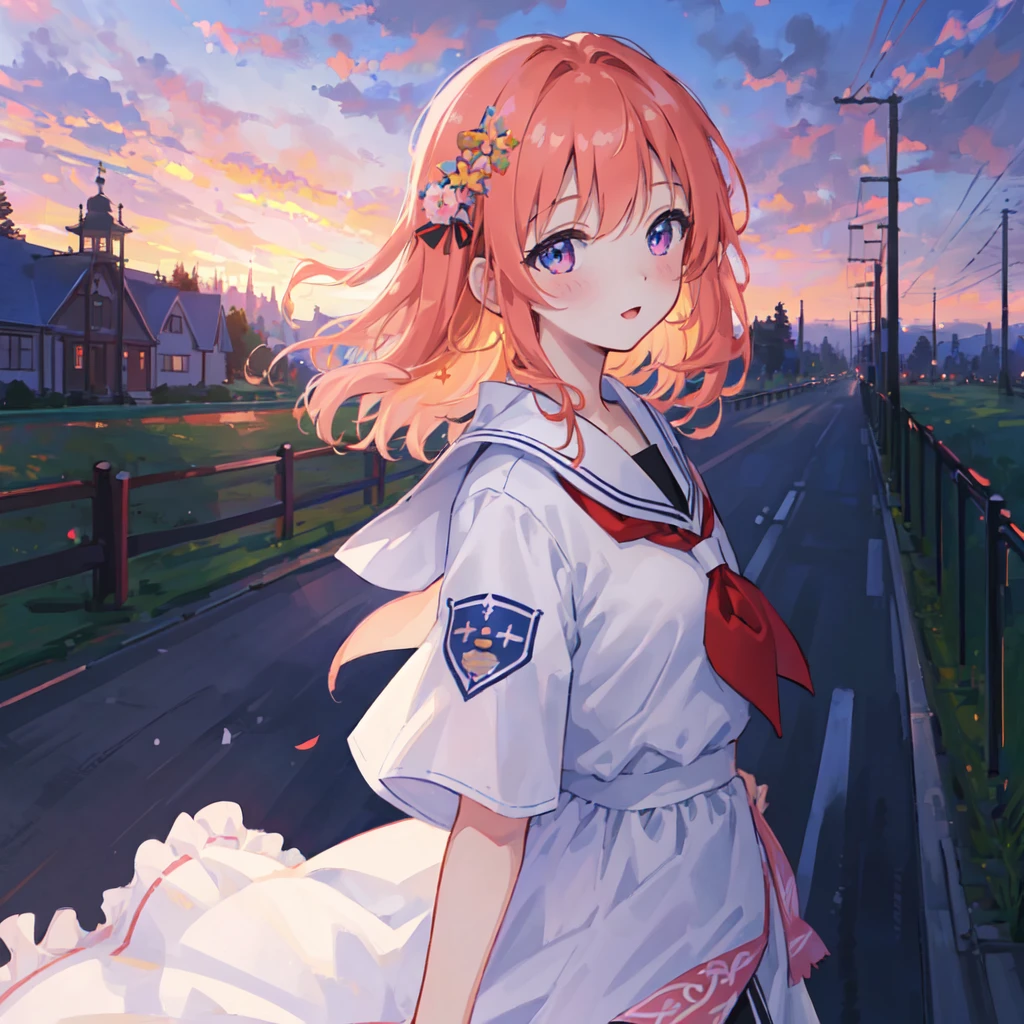 ((masterpiece,best quality,official art,extremely detailed CG unity 8k wallpaper)),illustration,landscape,solo,1girl,bishojo,beautiful detailed eyes,Student uniforms,