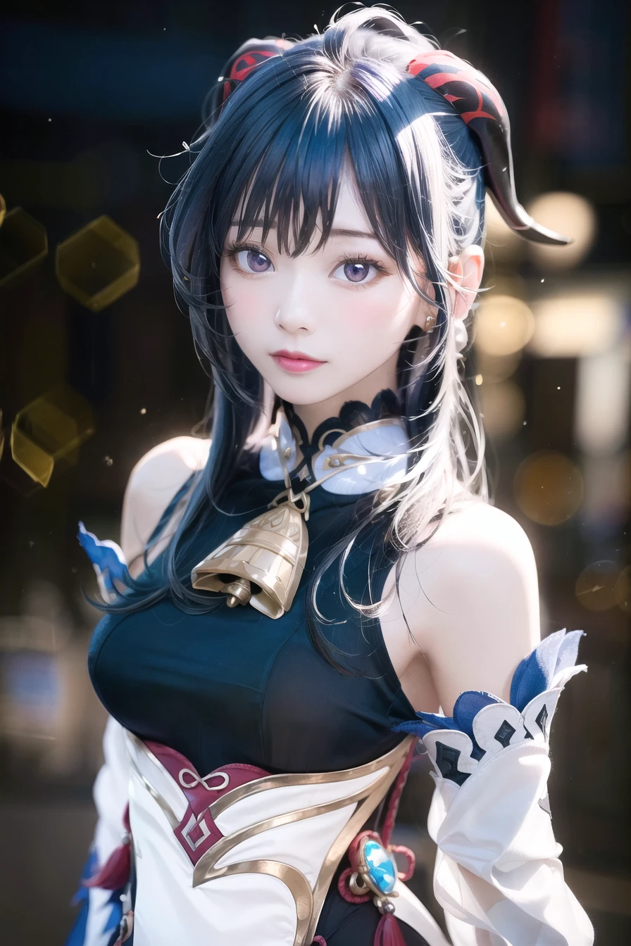 masterpiece, (photorealistic:1.5), best quality, beautiful lighting, real life,
ganyu \(genshin impact\), 1girl, ahoge, architecture, bangs, bare shoulders, bell, black gloves, black pantyhose, (blue hair), blush, breasts, chinese knot, detached sleeves, east asian architecture, flower knot, gloves, horns, long hair, looking at viewer, medium breasts, neck bell, night, outdoors, pantyhose, purple eyes, sidelocks, solo, tassel, white sleeves
, intricate, high detail, sharp focus, dramatic, beautiful girl , (RAW photo, 8k uhd, film grain), caustics, subsurface scattering, reflections <lora:ganyu_ned2-000021:0.65> <lora:japaneseDollLikeness_v10:0.7>
