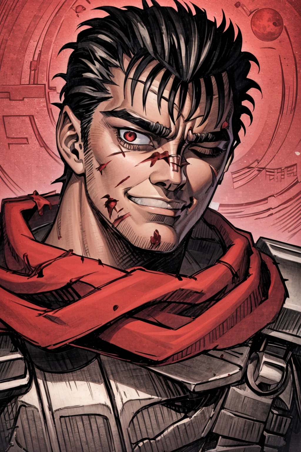 portrait of guts \(berserk\), 1boy, black hair, smiling, teeth, closed mouth, looking at viewer, male focus, one eye closed, red background, scar, scar on face, scar on nose, scarf, short hair, solo, upper body, weapon on back, blood moon, red night, sword on back, traditional media <lora:Guts_08:0.65> <lora:VanripArt_05:1>