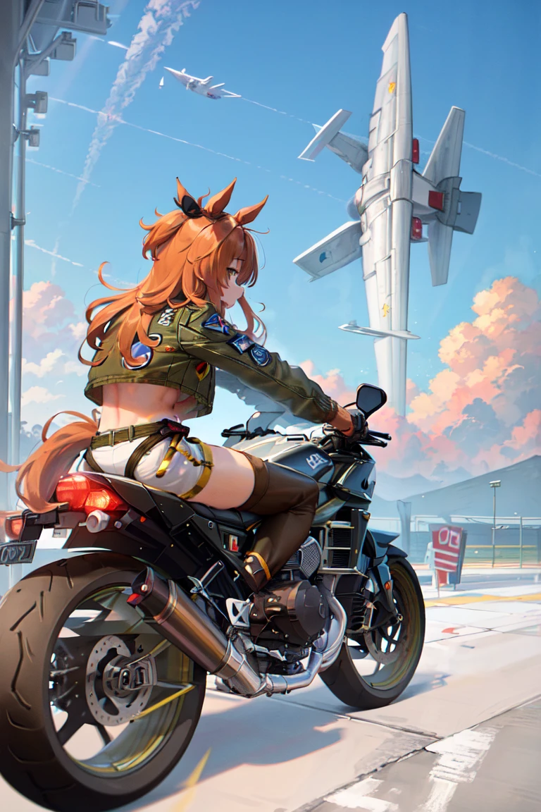 masterpiece, best quality,
mayano topgun \(umamusume\),
dog tags, navel, brown thighhighs, midriff, yellow crop top, bomber jacket, white short shorts, green jacket, boots, brown footwear, open jacket,
ground vehicle, motorcycle, military vehicle, riding, from side,
airplane, aircraft, cloud, 
<lora:mayano_topgun_lora:0.8>