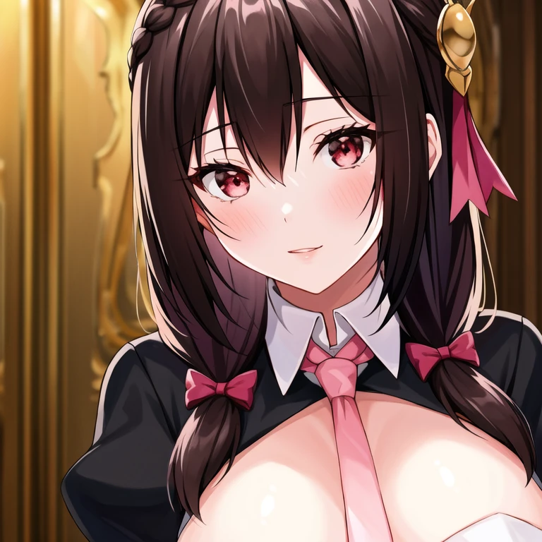 <lora:YunYunV2:1>, Yewnyewn,  1girl, solo, solo_focus, bangs, between_breasts, black_hair, blush, bow,  braid,  crown_braid, hair_bow, hair_ornament, large_breasts, long_hair, looking_at_viewer, necktie,  pink_necktie,  pink_skirt, red_eyes, ribbon, side-tie,  beautiful eyes, detailed face, (detailed skin:1.2), detailed soft lips, upper_body,