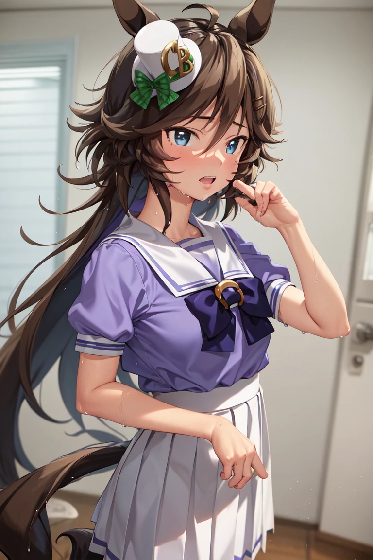 masterpiece, best quality,
mr. c.b. \(umamusume\),
wringing clothes, tracen school uniform, wet, purple shirt, white skirt, puffy short sleeves, sailor collar, bowtie
<lora:mr._c.b._lora:0.8>