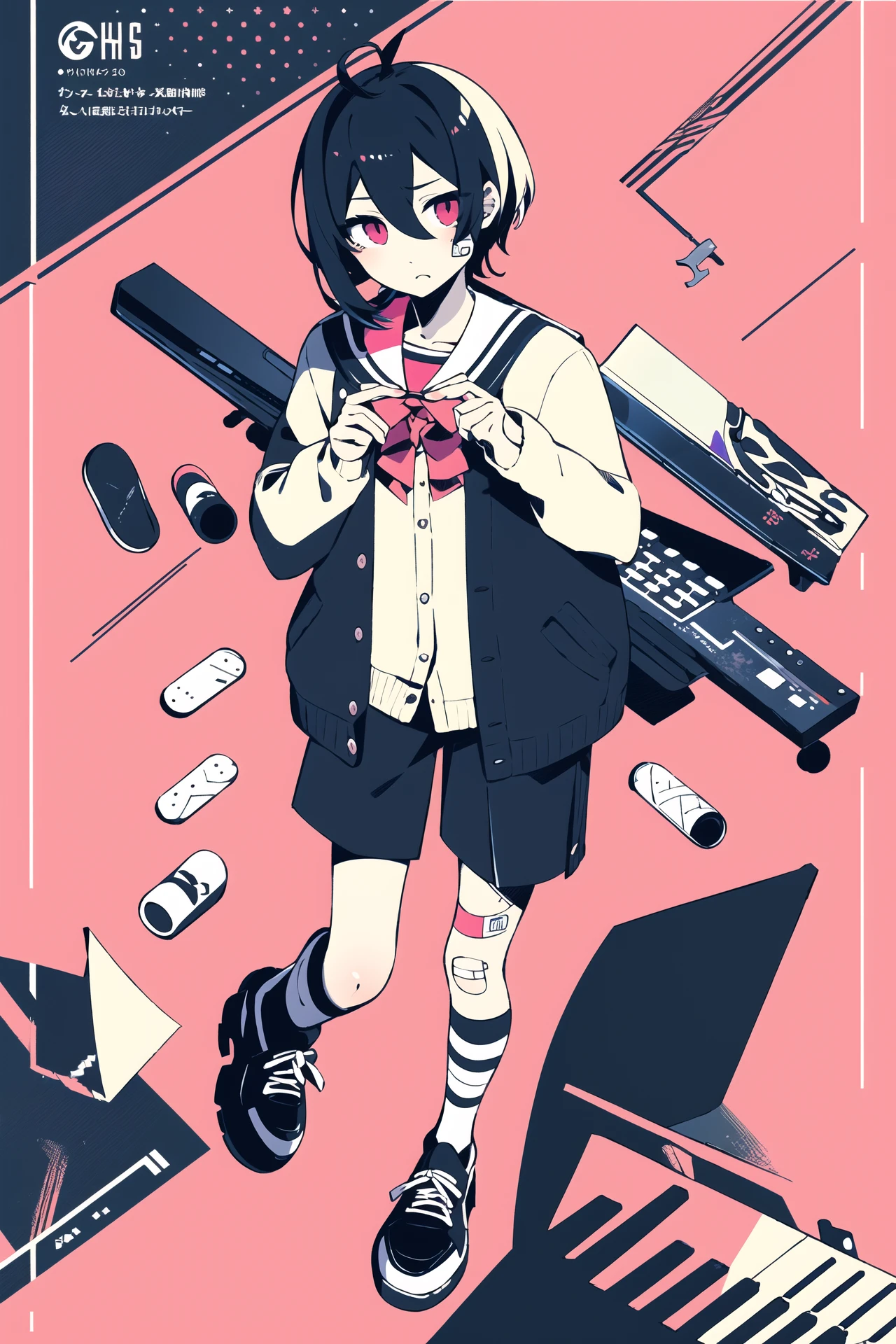 masterpiece, best quality,  1girl, solo, looking_at_viewer, short_hair, shirt, red_eyes, long_sleeves, 1boy, school_uniform, full_body, male_focus, shoes, shorts, socks, pink_eyes, sailor_collar, bandages, pink_background, cardigan, instrument, bandaid, bandaid_on_face, guitar, bandaged_leg, bandaid_on_leg, electric_guitar, barcode, piano, keyboard_(instrument), pill, barcode_tattoo, teruterubouzu,  <lora:nou:1>