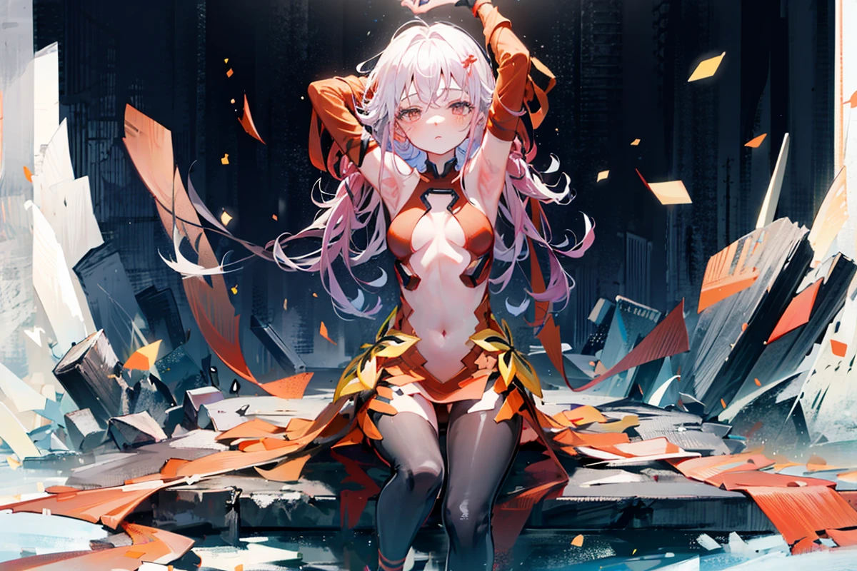 masterpiece,1girl,solo, <lora:InoriV1:1>,depth of field, yuzuriha inori, sitting,arms up, bound arms, bound wrists, closed mouth, ruins,cross,night,full moon, full body:1.3,depth of field,