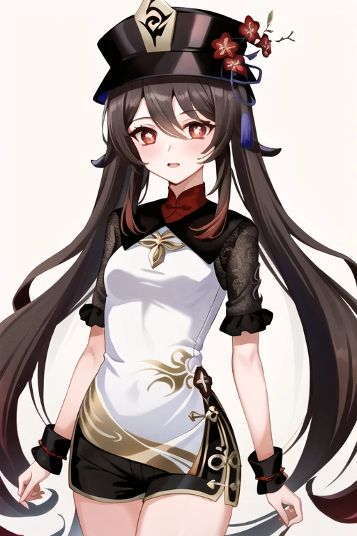 masterpiece, best quality,
1girl, hu tao (genshin impact), hat, red eyes, twintails, brown hair, solo, symbol-shaped pupils, long hair,bangs, official  outfit , shorts , china dress, <lora:hutao_v2:0.7>