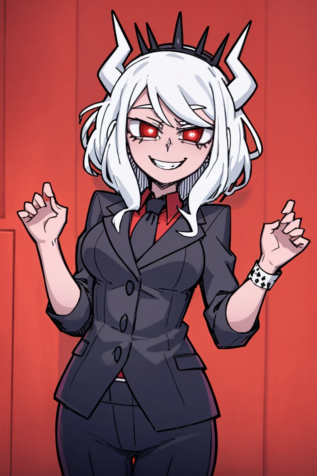 masterpiece, best quality, lucifer \(helltaker\), 1girl, solo, horns, demon girl, demon horns, white hair, white horns, red eyes, black suit, suit, red shirt, necktie, smile, looking at viewer, office background <lora:VanripArt_08:0.8>