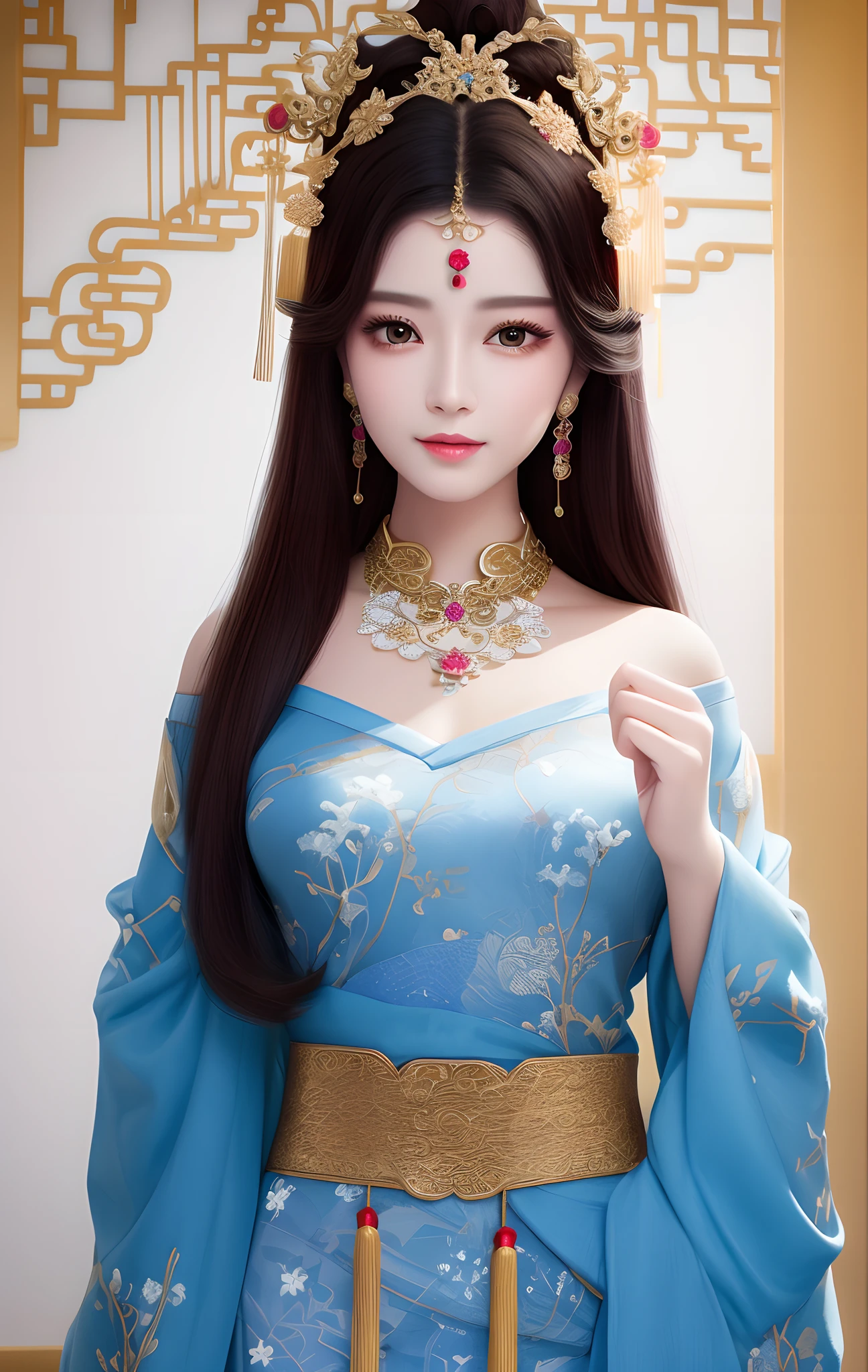 best quality, masterpiece, highres, 1girl,china dress,Beautiful face, hair ornament, solo,looking at viewer,smile,closed mouth,lips, dress,hair ornament, necklace, jewelry, long hair, earrings, chinese clothes, architecture,east asian architecture<lora:GuoFeng3.2_Lora:1.5>