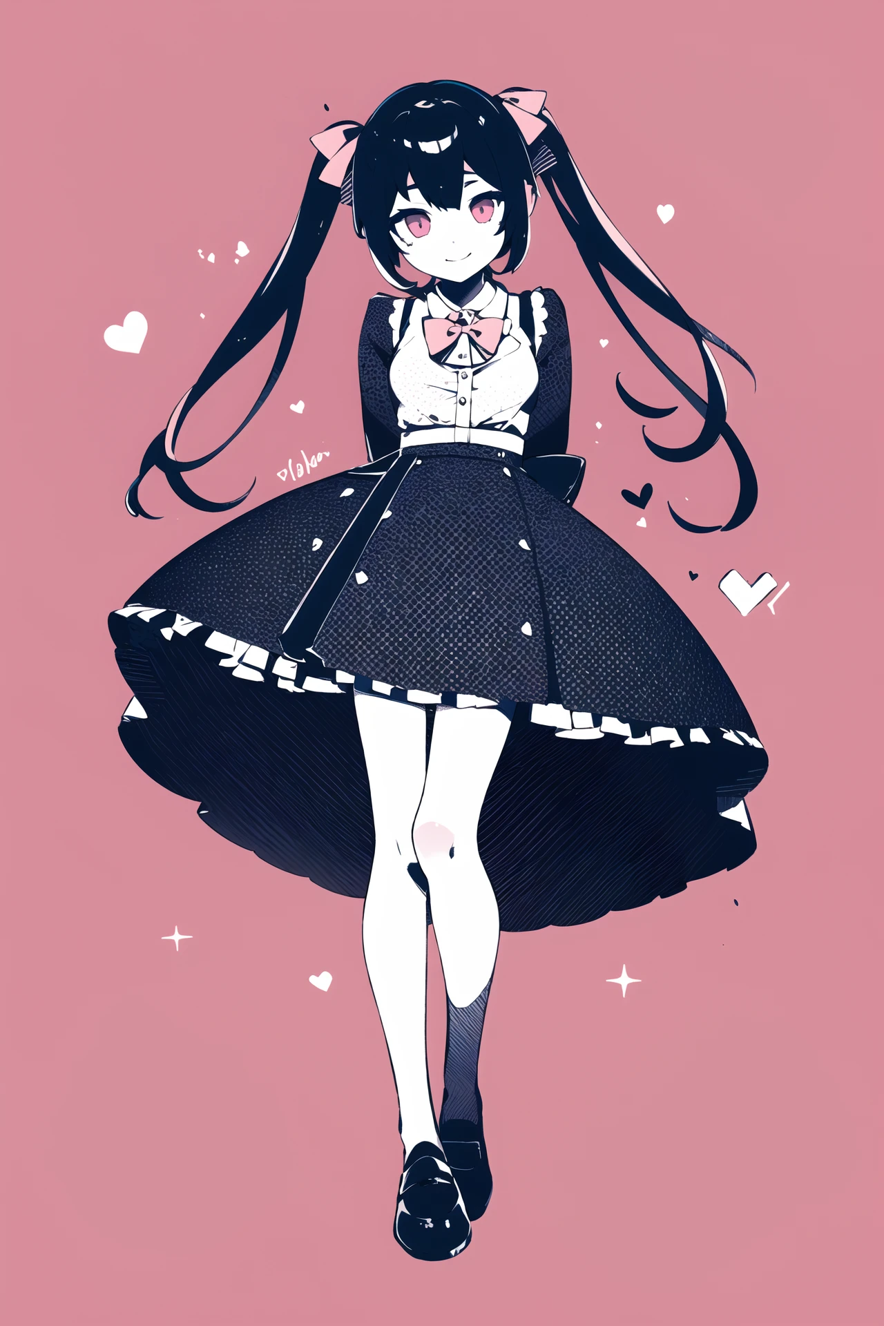 masterpiece, best quality, 1girl, solo, long_hair, looking_at_viewer, smile, bangs, skirt, simple_background, shirt, black_hair, long_sleeves, bow, twintails, monochrome, hair_bow, heart, frills, shoes, bowtie, pink_eyes, bra, heart-shaped_pupils, pink_background, pink_shirt, arms behind back, jirai_kei, <lora:nou:1>, closed mouth,