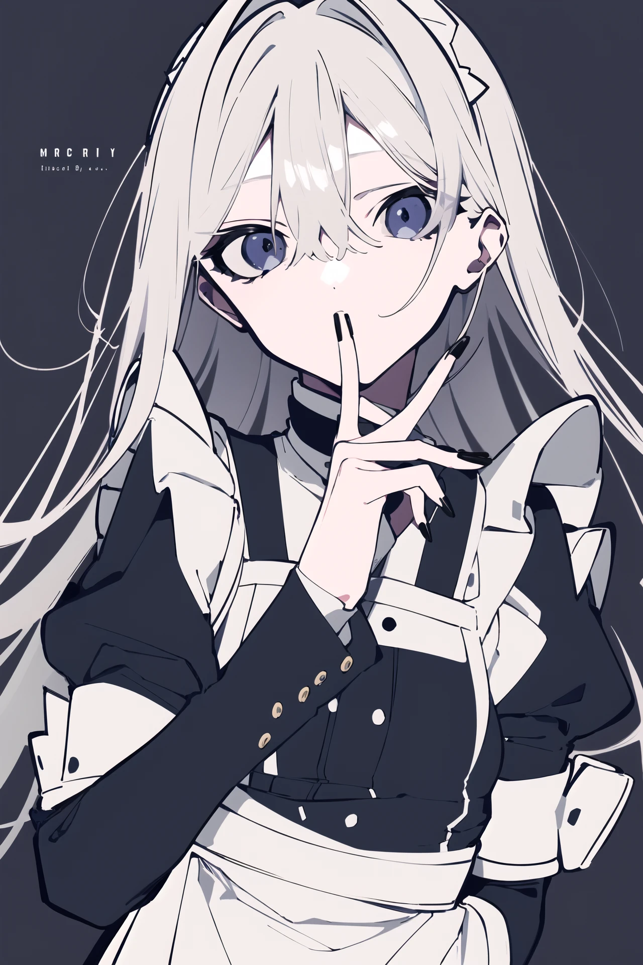 masterpiece, best quality, 1girl, solo, long_hair, looking_at_viewer, bangs, simple_background, long_sleeves, dress, hair_between_eyes, jewelry, closed_mouth, monochrome, upper_body, white_hair, frills, puffy_sleeves, fingernails, maid, maid_headdress, ring, black_nails, purple_background, <lora:mochidukekei:1>