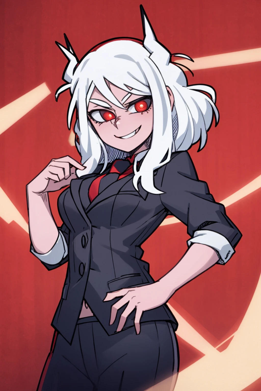 masterpiece, best quality, lucifer \(helltaker\), 1girl, solo, horns, demon girl, demon horns, white hair, white horns, red eyes, black suit, suit, red shirt, necktie, smile, looking at viewer, office background <lora:VanripArt_05:1>