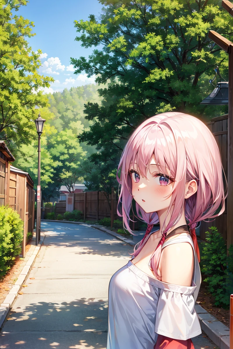 masterpiece,1girl,solo, <lora:InoriV1:1>,pink_hair,white_t-shirt:1.3, outdoors, street,off shoulder,