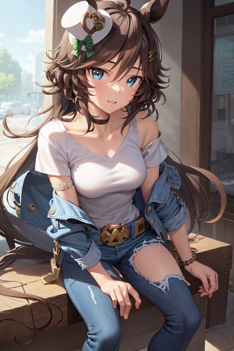 masterpiece, best quality,
mr. c.b. \(umamusume\),
white shirt, belt, jeans, jacket, denim, short sleeves, off shoulder, striped, blue pants, collarbone
<lora:mr._c.b._lora:0.8>