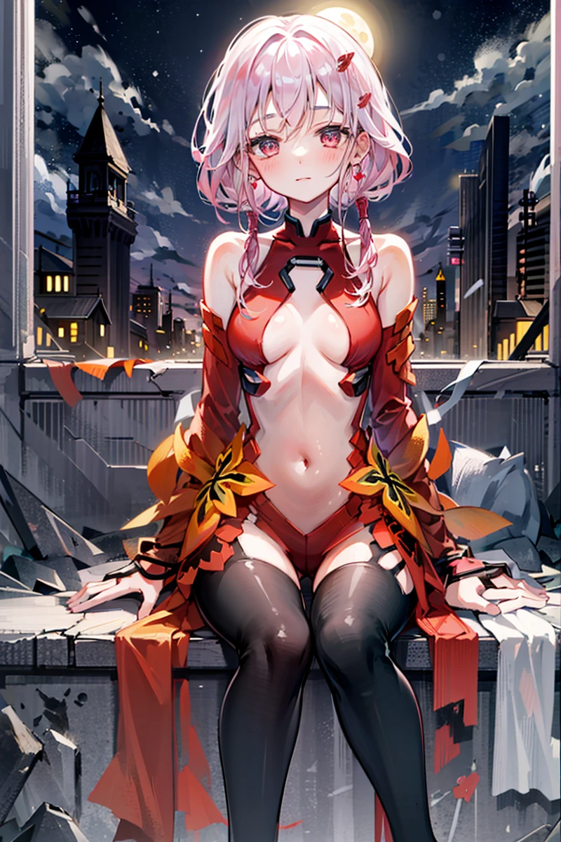 masterpiece,1girl,solo, <lora:InoriV1:1>,depth of field, yuzuriha inori, sitting, closed mouth, ruins,cross,night,full moon, full body:1.3,depth of field, sit_on_throne, light smile,