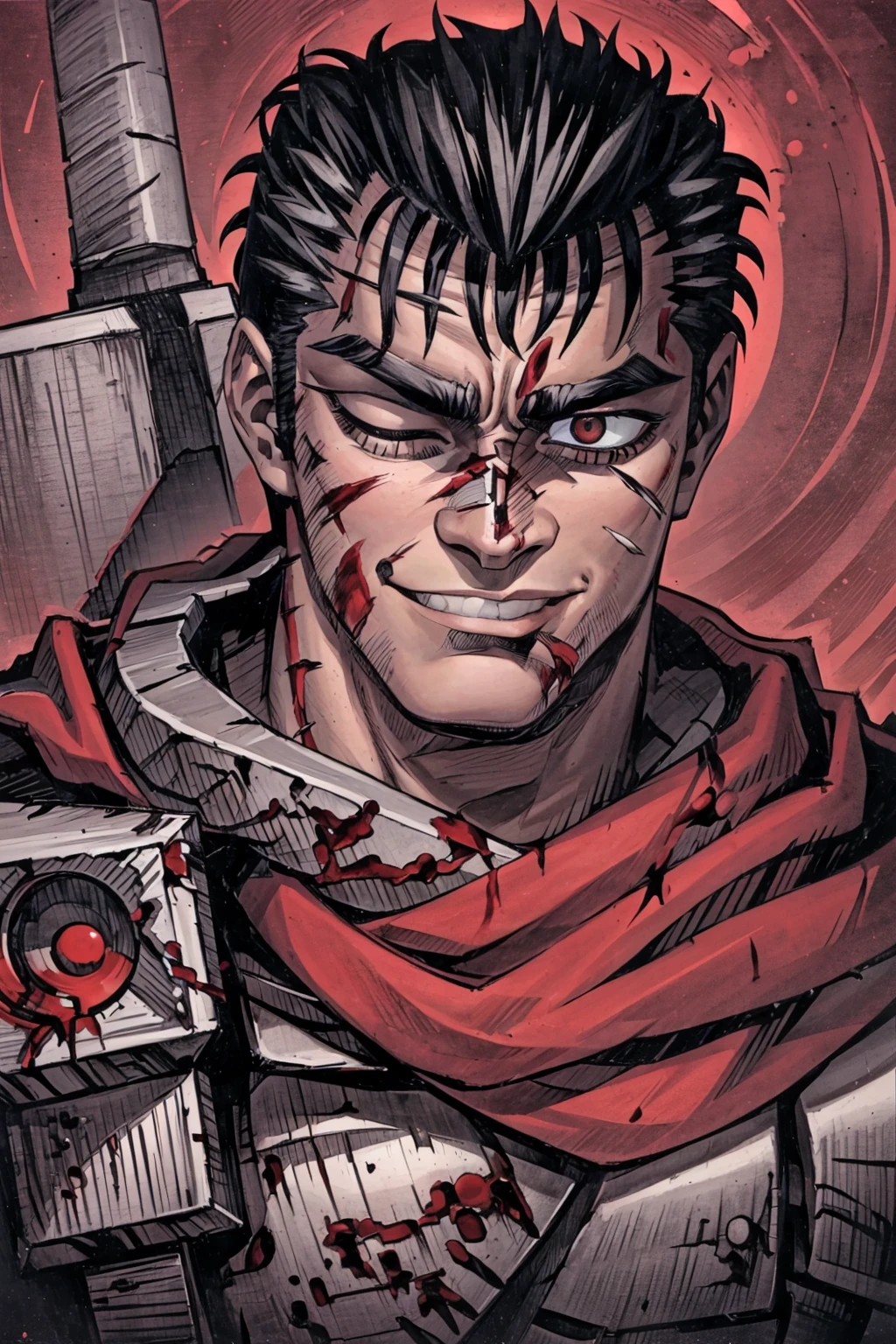 portrait of guts \(berserk\), 1boy, black hair, smiling, teeth, closed mouth, looking at viewer, male focus, one eye closed, red background, scar, scar on face, scar on nose, scarf, short hair, solo, upper body, weapon on back, blood moon, red night, sword on back, traditional media <lora:Guts_08:0.65> <lora:VanripArt_08:0.9>