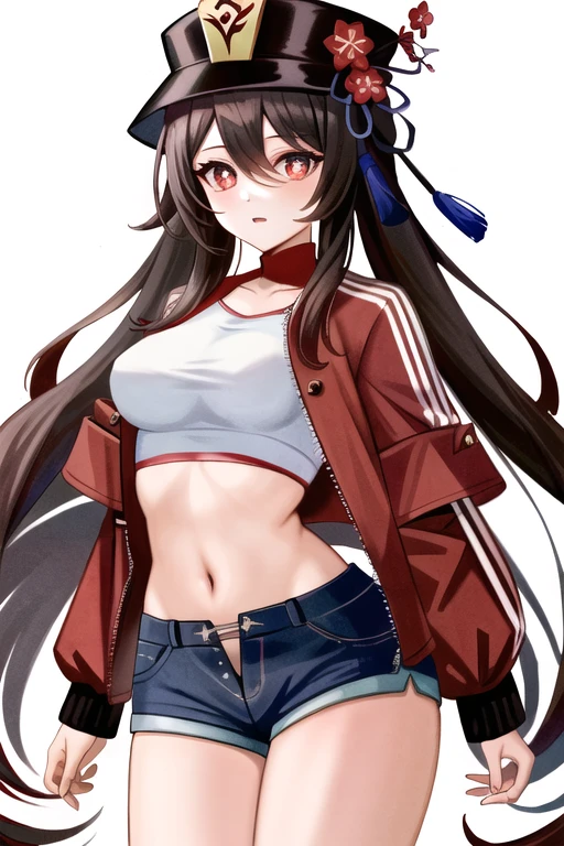masterpiece, best quality,
1girl, hu tao (genshin impact), hat, red eyes, twintails, brown hair, solo, symbol-shaped pupils, long hair, looking at viewer, bangs, flower-shaped pupils, hair between eyes, crop top,jacket,navel , midriff,standing, medium breast ,highleg panties , shorts, cowboy shot <lora:hutao_v2:0.7>