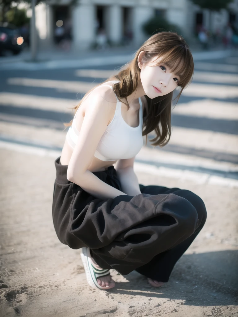 best quality, ultra high res, (photorealistic:1.4), 1girl, loose and oversized black jacket, white sports bra, (yoga pants:1), (light brown hair:1.2), looking at viewer, full body, streets, urban, makeup, wide angle