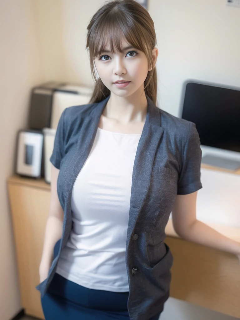 best quality, ultra high res, (photorealistic:1.4), 1girl, looking at viewer, hands behind,office lady,(upper body)