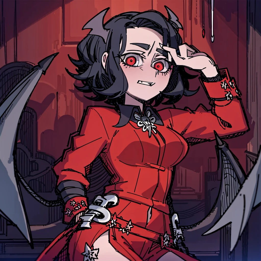 masterpiece, woman with middle part hair and red eyes, devil girl, six wings, bat wings, (black hair)  <lora:VanripArt_08:1>