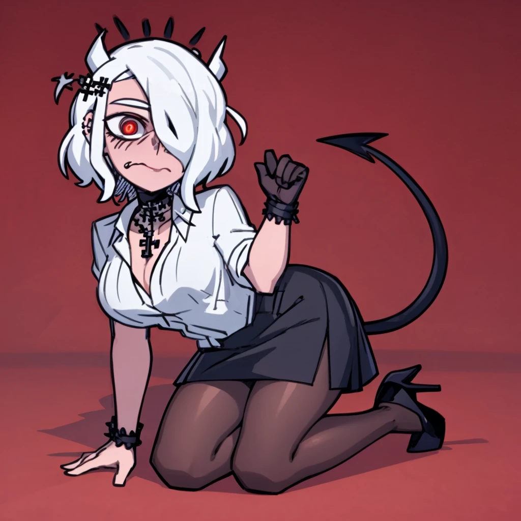 masterpiece, best quality, zdrada \(helltaker\), horns, white hair, demon girl, 1girl, full body, secretary outfit, black skirt, pantyhose, white shirt, heels, demon horns, breasts, red eyes, short hair, black horns, hair over one eye, piercing, jewelry, tail, demon tail, cross, choker, lip piercing, necklace, large breasts, cross necklace <lora:VanripArt_05:1>