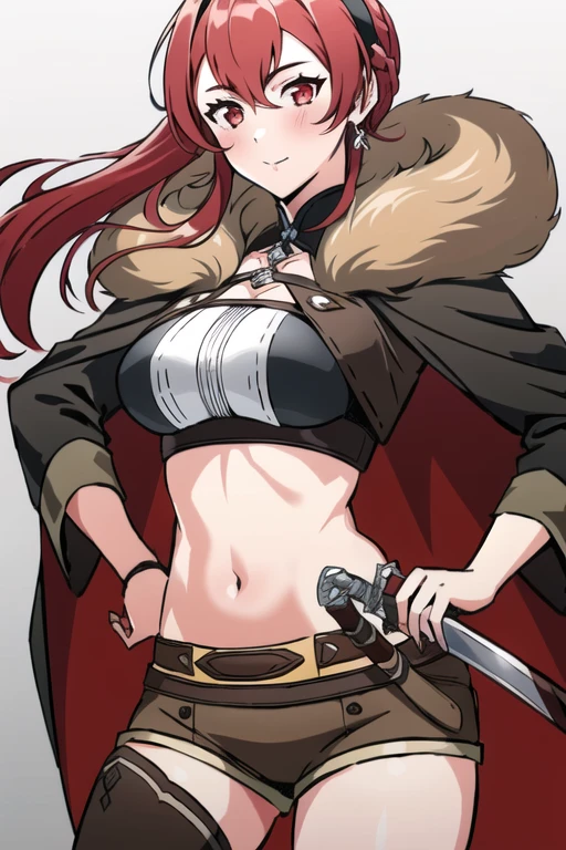 <lora:Eris:1.0>, Adult_Eris, 1girl, red_hair, solo, long_hair, breasts, large_breasts, red_eyes, brown_legwear, brown_shorts, navel, weapon, hairband, brown_fur_coat, midriff, sword, hand_on_hip, inner thighs