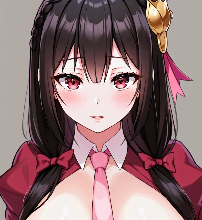 <lora:YunYunV2:1>, Yewnyewn,  1girl, solo, solo_focus, bangs, between_breasts, black_hair, blush, bow,  braid,  crown_braid, hair_bow, hair_ornament, large_breasts, long_hair, looking_at_viewer, necktie,  pink_necktie,  pink_skirt, red_eyes, ribbon, side-tie,  beautiful eyes, detailed face, (detailed skin:1.2), detailed soft lips, upper_body,