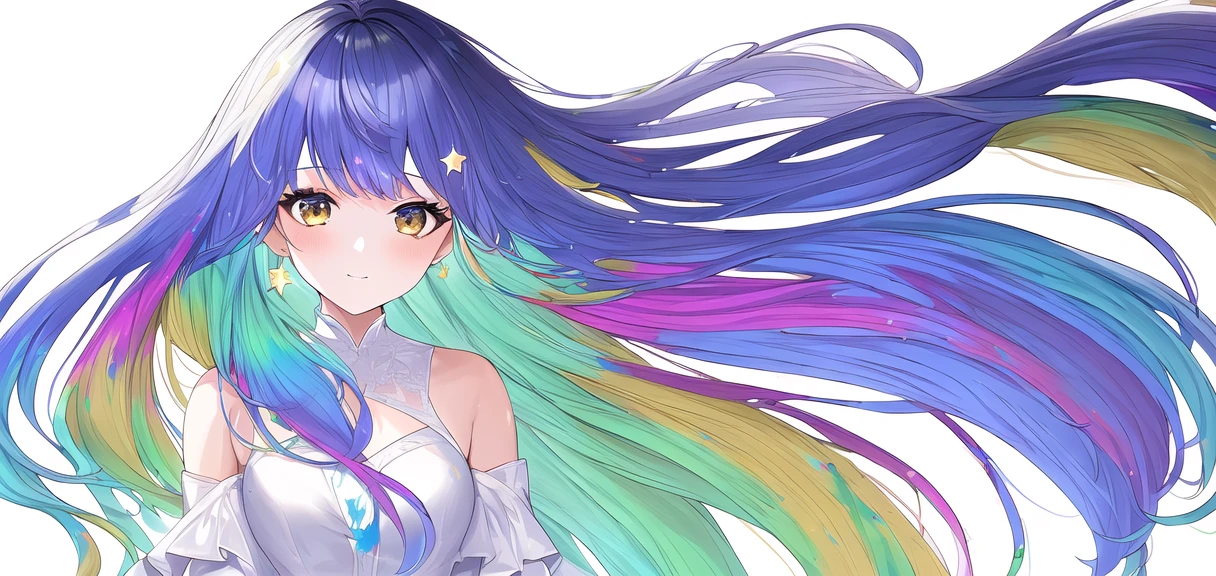 (white background,:1.5)1gril,clear face,High definition, white background,paint effect, long hair girl with white mixed with rainbow color flowing hair and starry color clothes,Beautiful hair,white hrie,rainbow hair