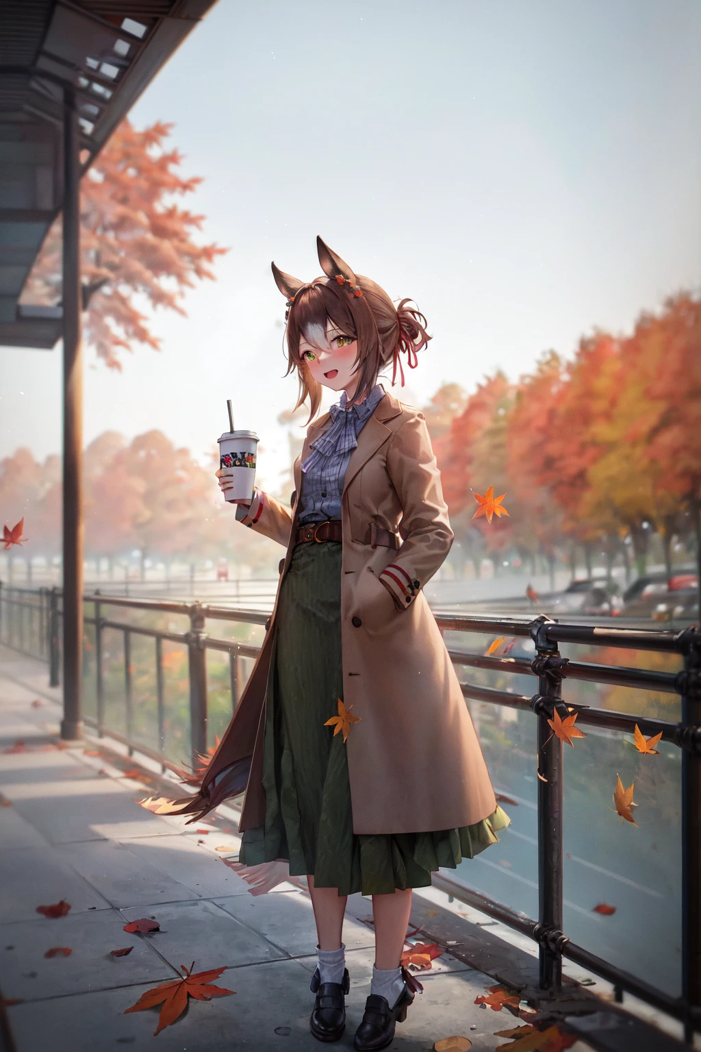 masterpiece, best quality,
fine motion \(umamusume\),
holding cup, disposable cup, outdoors, coffee cup, blurry, open mouth, green skirt, belt, white shirt, autumn leaves, full body, tree, railing, blush, maple leaf, brown coat, open coat
 <lora:fine_motion_lora:0.8>