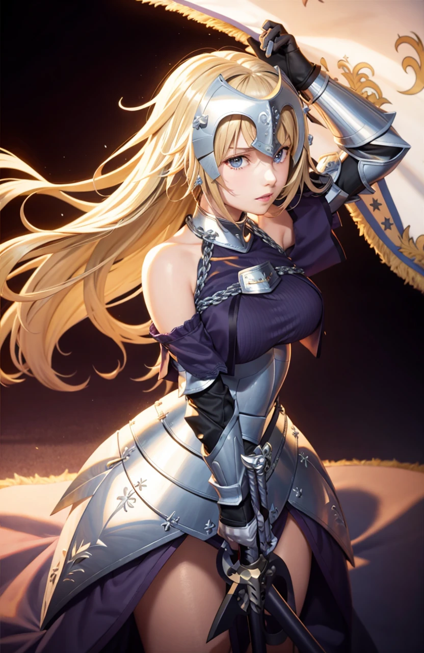 masterpiece, best quality,1girl, solo, long hair, blonde hair, jeanne d'arc (fate), armor, blue eyes, weapon, sword, armored dress, gauntlets, headpiece, jeanne d'arc (third ascension) (fate),(kbxll:0.6)