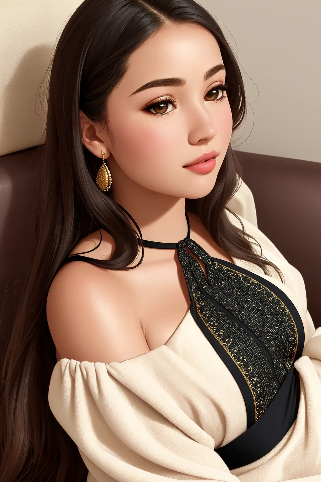 solo, 1girl, Masterpiece, 4K, superb quality, analog style, Mediterranean woman wearing a long black summer dress, white polka dot pattern, golden embroidery around the neck,long dark hair, looking at viewer,seductive smile,  (puffy lips:1.2) glossy skin, babe, bimbo, full body shot,sitting on a couch, picture taken by a sony camera from below , <lora:Summer_Dress:0.65>, ultra realistic looking, realistic skin, skin pores