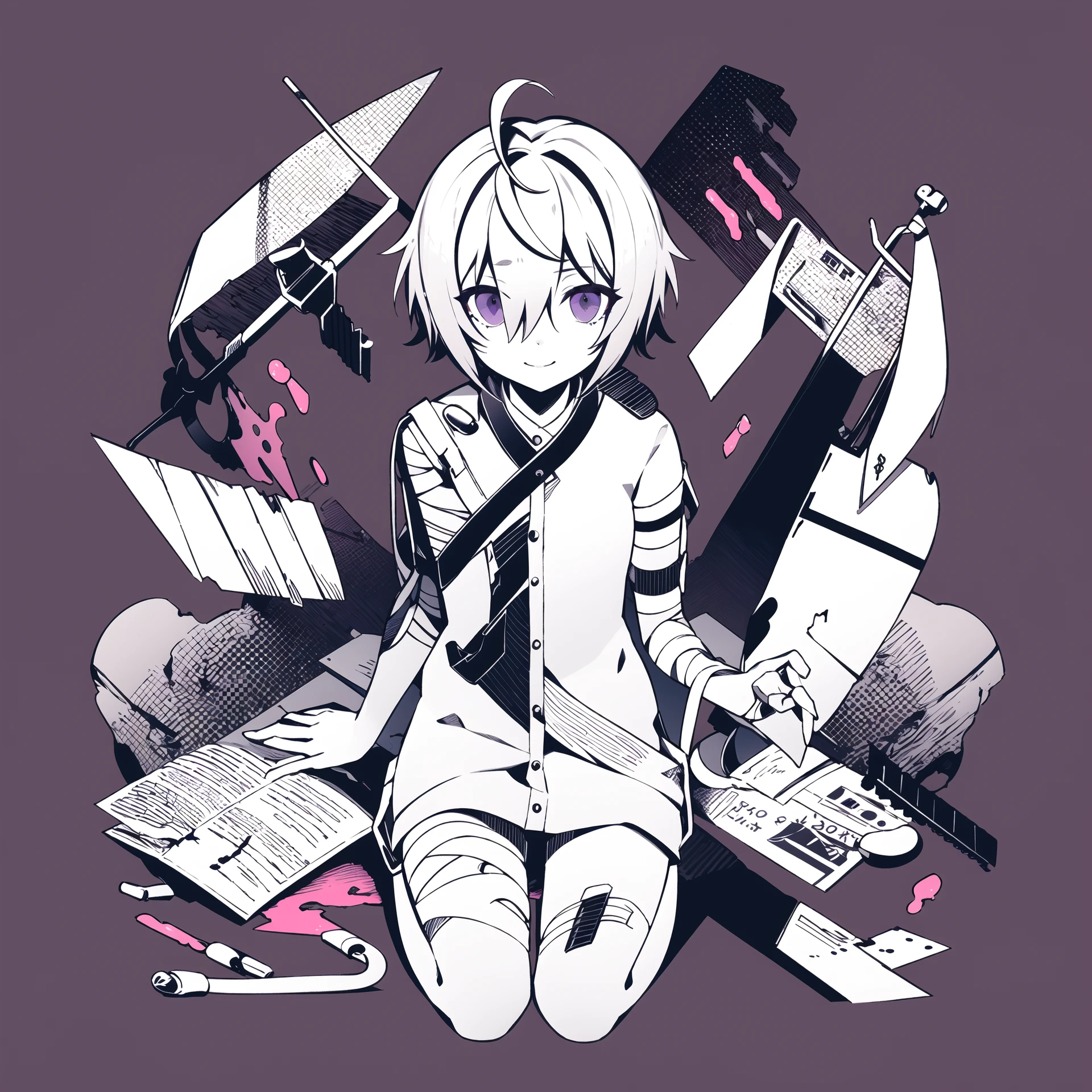 masterpiece, best quality, 1girl, solo, looking_at_viewer, smile, short_hair, 1boy, sitting, purple_eyes, monochrome, male_focus, wings, hair_over_one_eye, blood, bandages, bandaid, purple_background, bandaged_leg, syringe, bandage_over_one_eye, pill, bandaged_head, intravenous_drip, <lora:nou:1>