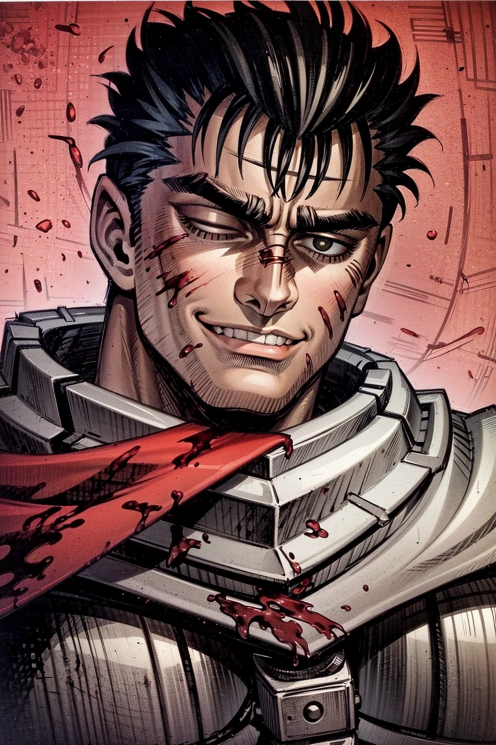 portrait of guts \(berserk\), 1boy, black hair, smiling, teeth, closed mouth, looking at viewer, male focus, one eye closed, red background, scar, scar on face, scar on nose, scarf, short hair, solo, upper body, weapon on back, blood moon, red night, sword on back, traditional media <lora:Guts_08:0.65> <lora:VanripArt_05:1>