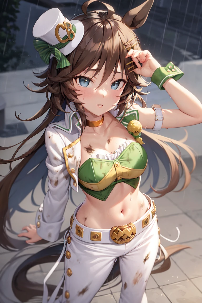 masterpiece, best quality,
mr. c.b. \(umamusume\),
strapless shirt, white pants, midriff, single sleeve, navel, white jacket, long sleeves, green shirt, collarbone, open clothes, yellow choker, parted lips, open jacket, crop top, parted lips, wrist cuffs, high heels, arm belt,
rain, dirty face, dirty clothes, outdoor, standing,
 <lora:mr._c.b._lora:0.8>