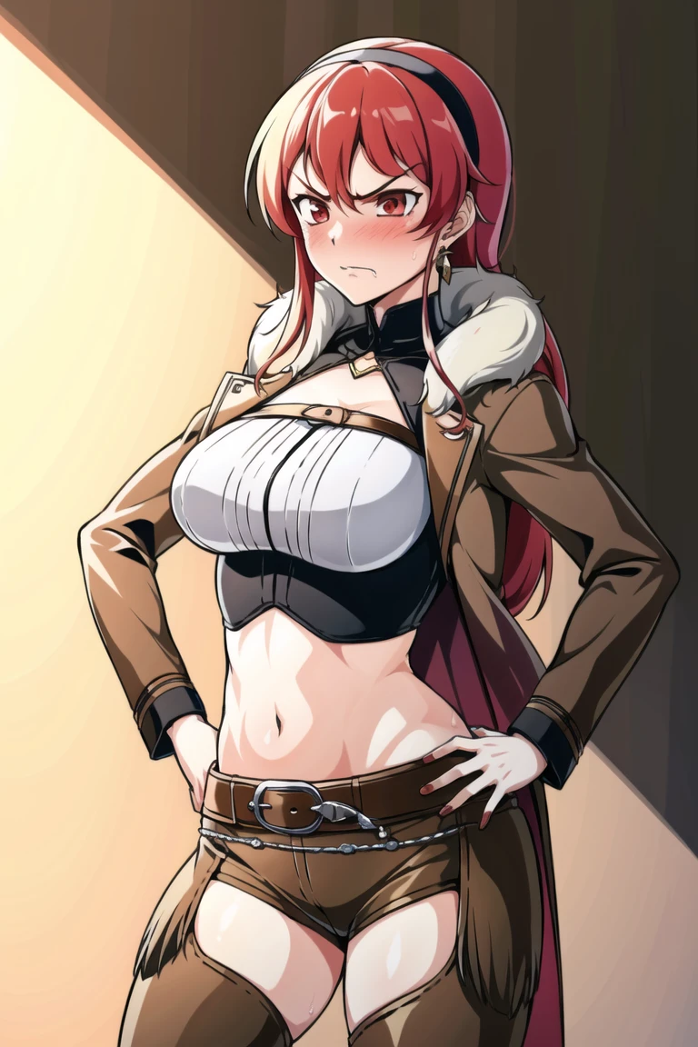 <lora:Eris:0.8>, Adult_Eris, 1girl, (from_side:1.31),  red_hair, solo, long_hair, breasts, large_breasts, red_eyes, brown_chaps, brown_shorts, navel, hairband, brown_coat_white_fur, midriff,  hand_on_hip, inner_thighs, annoyed, tsundere, glaring