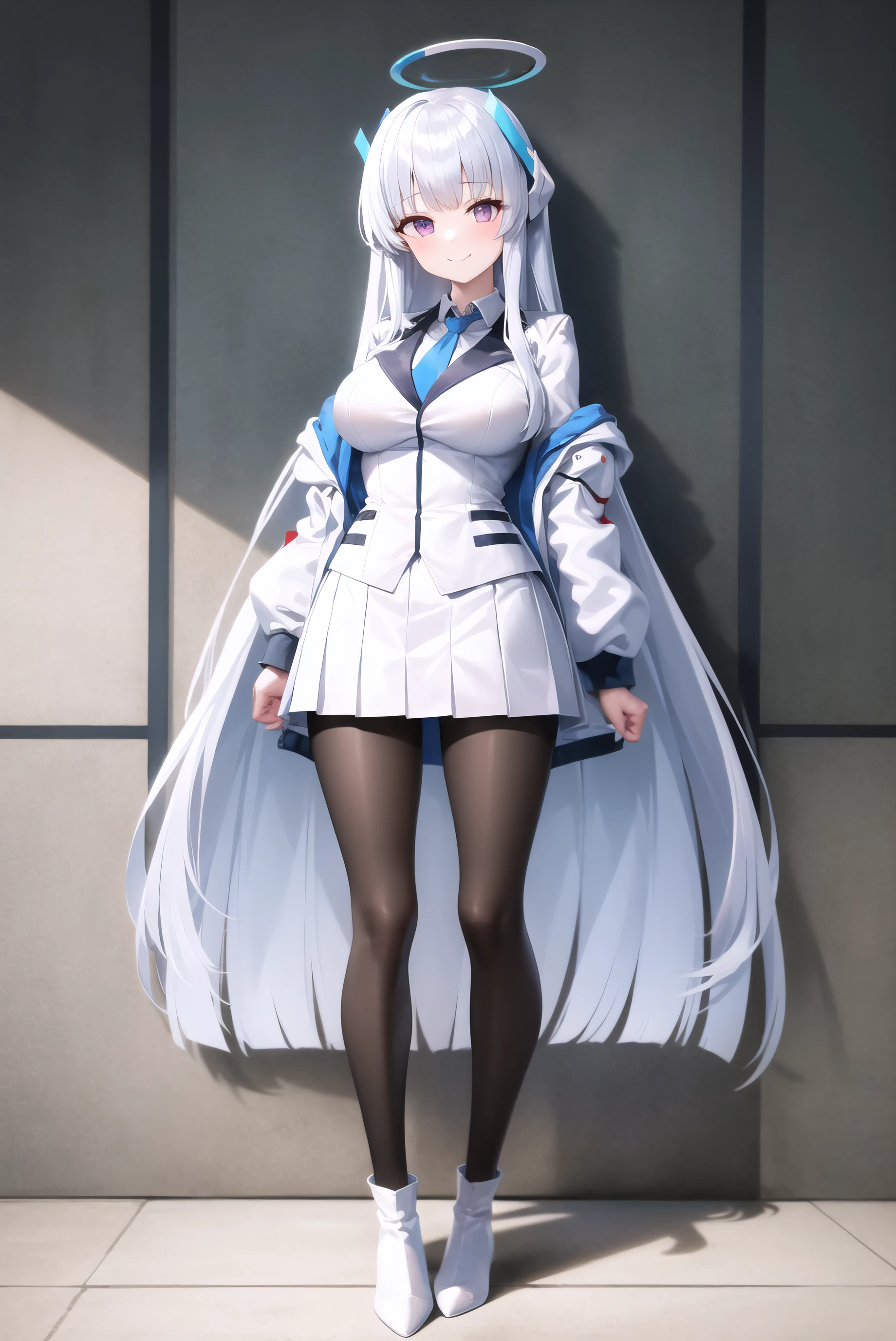 masterpiece, best quality, ultra-detailed, illustration,noa,1girl, bangs, blue hair, blue necktie, boots, breasts, brown pantyhose, closed mouth, collared shirt, formal, full body, halo, high heels, jacket, large breasts, long hair, long sleeves, looking at viewer, mechanical halo, miniskirt, necktie, open clothes, open jacket, pantyhose, pleated skirt, purple eyes, shirt, sidelocks, skirt, smile, solo, standing, suit, (very long hair:1.2), white footwear, white jacket, white shirt, white skirt, white suit