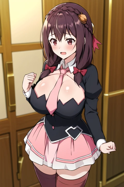 <lora:YunYunV2:1>, Yewnyewn,  1girl, solo, solo_focus, bangs,  braid,  crown_braid, hair_bow, hair_ornament, red_eyes, large_breasts, cleavage, pink_tie, pink_skirt, red_legwear