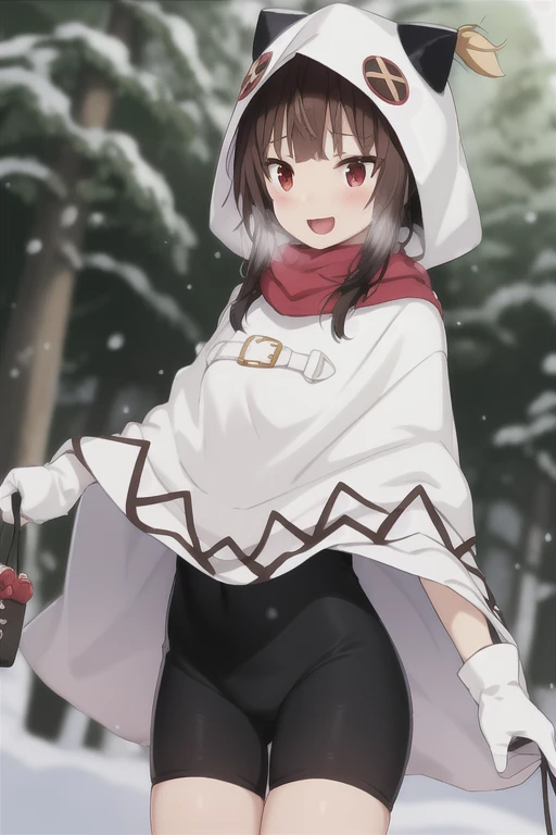 <lora:MeguminWinterOutfit:0.8>
megumin, kono subarashii sekai ni shukufuku wo!, standing, 1girl, solo, white hood, white hoodie, cat ears, winter clothes, short hair, short hair with long side locks, brown hair, red eyes, blush, open mouth, :D, red scarf, white cape, gloves, black bodysuit, snow, winter background,