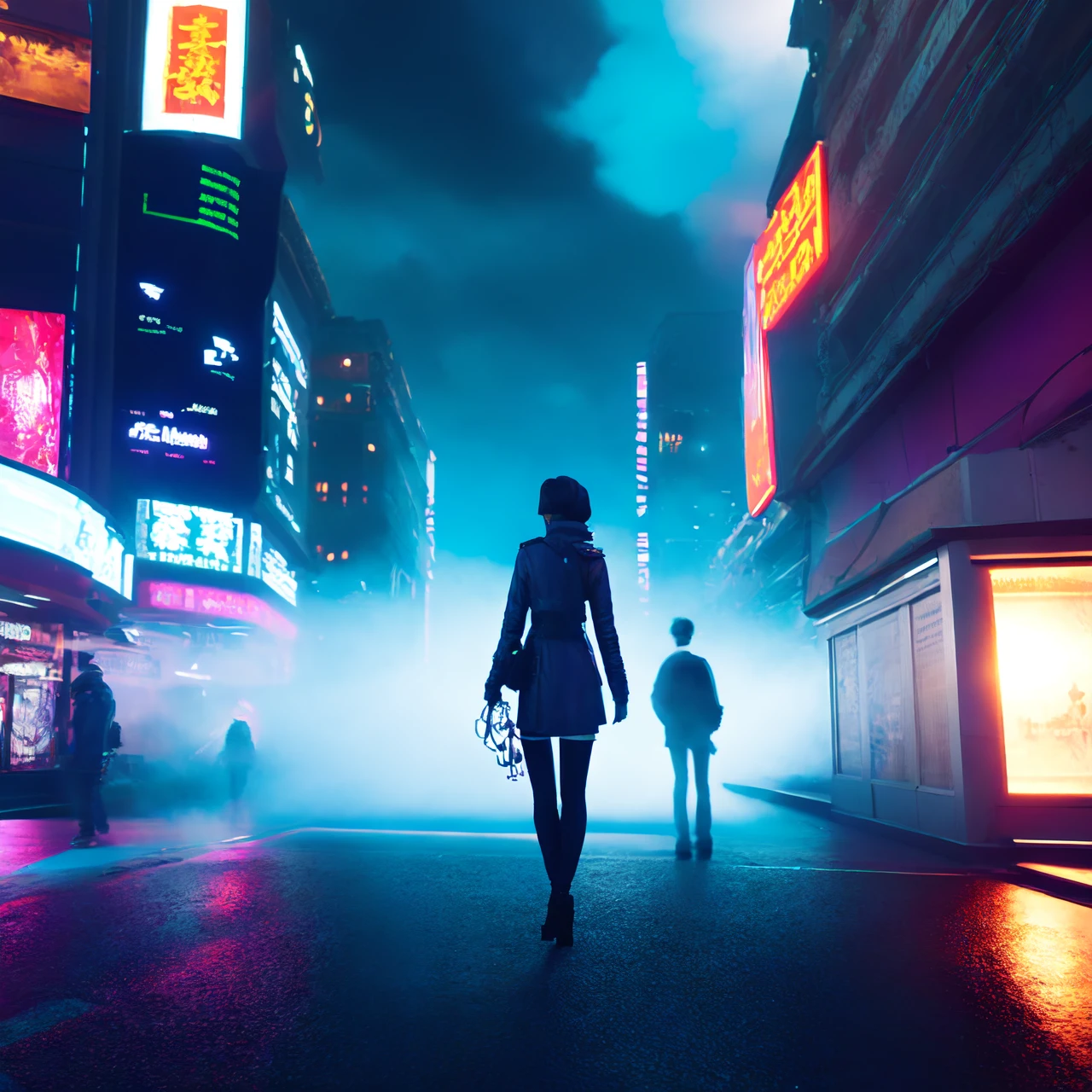 photo, [scifi|steampunk|cyberpunk] Cloudy, lensflares, neon lights, fog, cyberpunk cinematic, cyberpunk shopping district, cyberpunk people walking, street gangs standing <lora:johnsondesuv2-256-e1:0.6>