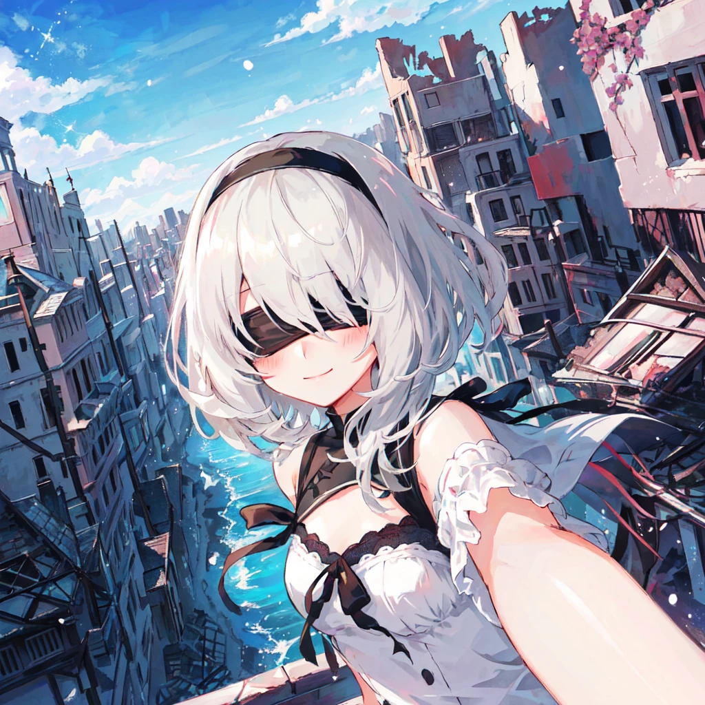 yorha no. 2 type b,solo,1girl,portrait,isometric,first_person_view,cowboy_shot,character_focus,looking_at_viewer,black_blindfold.cute,kawaii, 2D, anime,blush,angelic smile.
detailed background, destroyed city, ruins, epic.