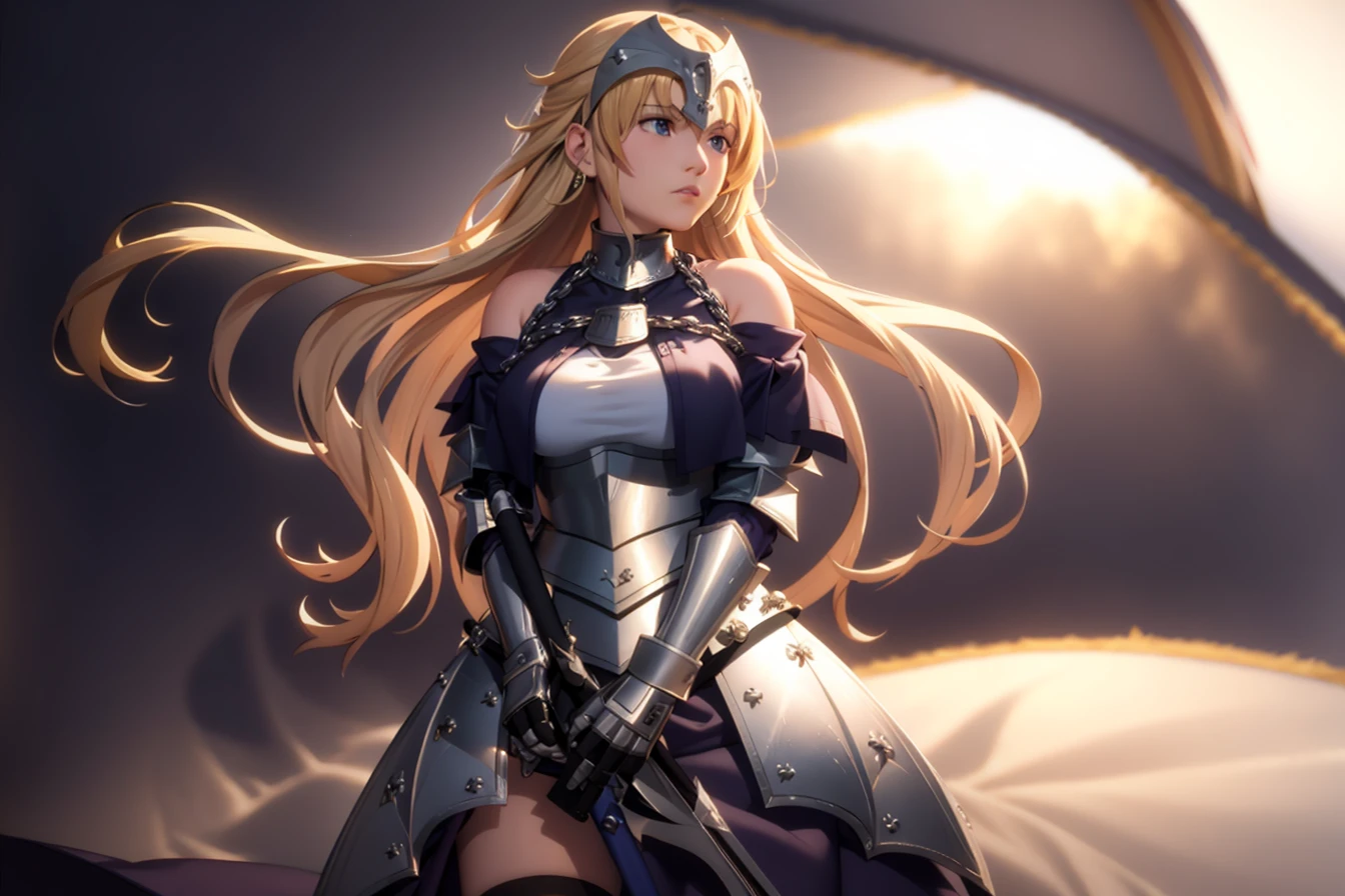 masterpiece, best quality,1girl,,solo, long hair, blonde hair, jeanne d'arc (fate), armor, blue eyes, weapon, sword, armored dress, gauntlets, headpiece, jeanne d'arc (third ascension) (fate),(kbxll:1)