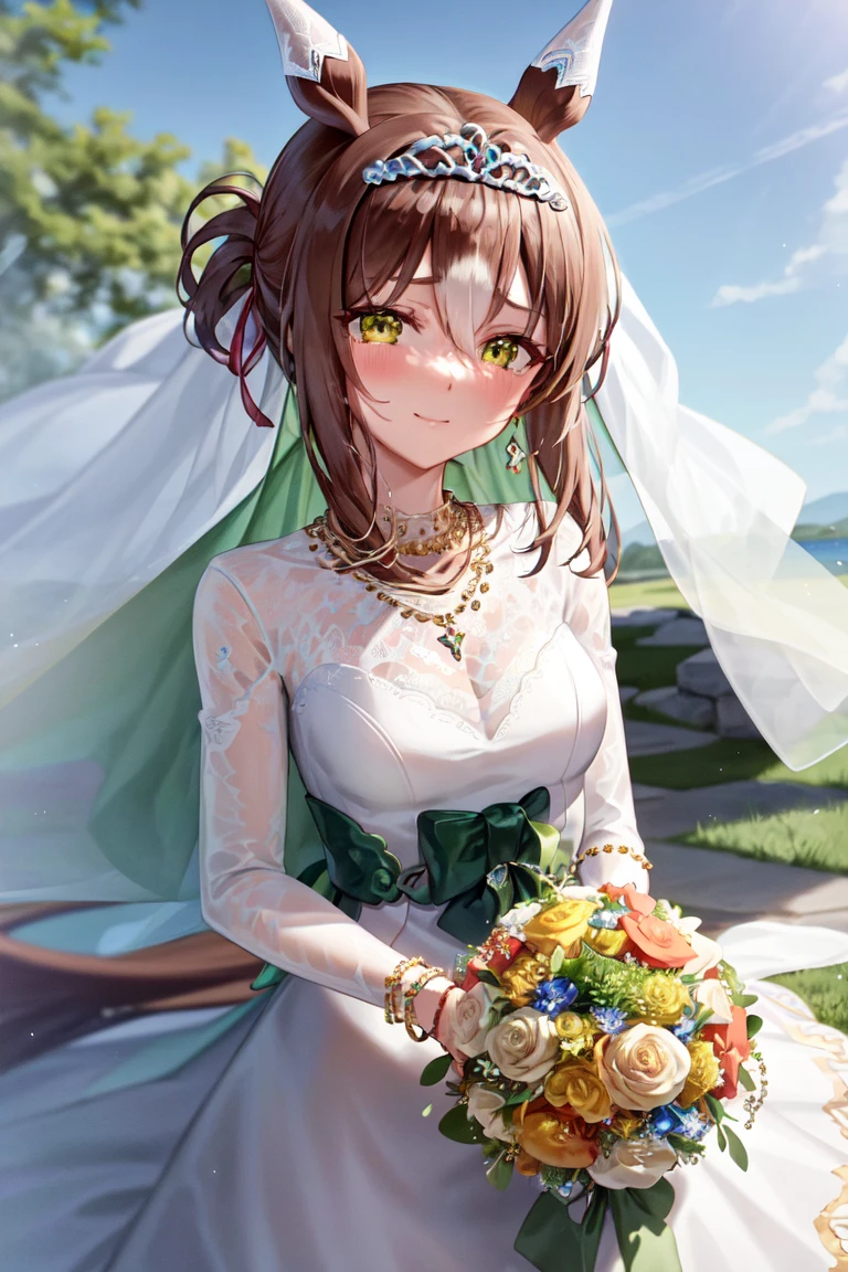 masterpiece, best quality,
fine motion \(umamusume\),
official alternate costume, tiara, jewelry, wedding dress, necklace, veil, green flower, bracelet, white dress, 
holding bouquet, happy tears, closed mouth
 <lora:fine_motion_lora:0.8>