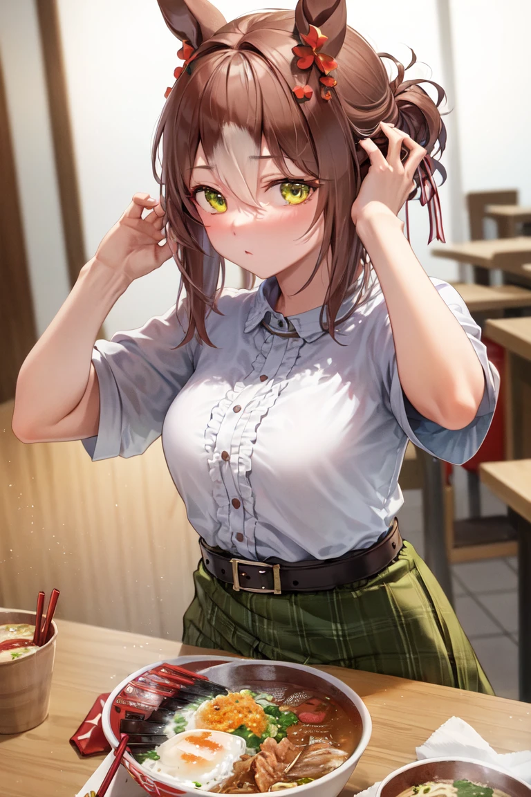 masterpiece, best quality,
fine motion \(umamusume\),
green skirt, belt, casual, white shirt, adjusting hair,
holding chopsticks, food, ramen, bowl, table
 <lora:fine_motion_lora:0.8>