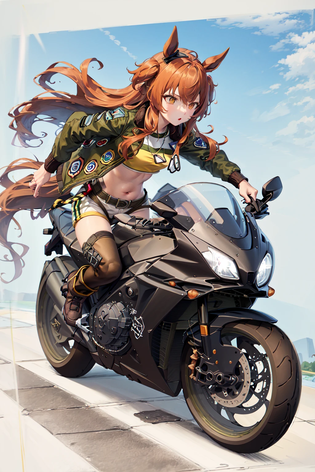 masterpiece, best quality,
mayano topgun \(umamusume\),
dog tags, navel, brown thighhighs, midriff, yellow crop top, bomber jacket, white short shorts, green jacket, boots, brown footwear, open jacket,
motor vehicle, ground vehicle, motorcycle, military vehicle, riding, profile,
<lora:mayano_topgun_lora:0.8>