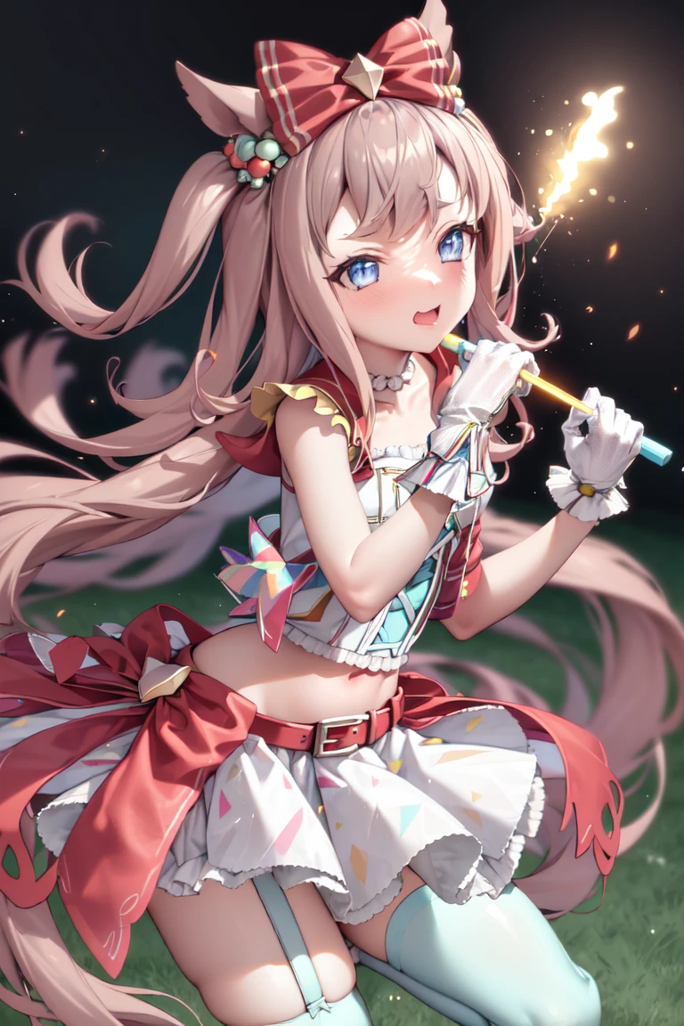 masterpiece, best quality,
agnes digital \(umamusume\),
single thighhighs, sleeveless, single glove, garter straps, white gloves, crop top, frills, sailor collar, multicolored skirt, multicolored clothes, layered skirt, red belt, white shirt,
stadium, glowing stick,
<lora:agnes_digital_r4_lora:1.0>