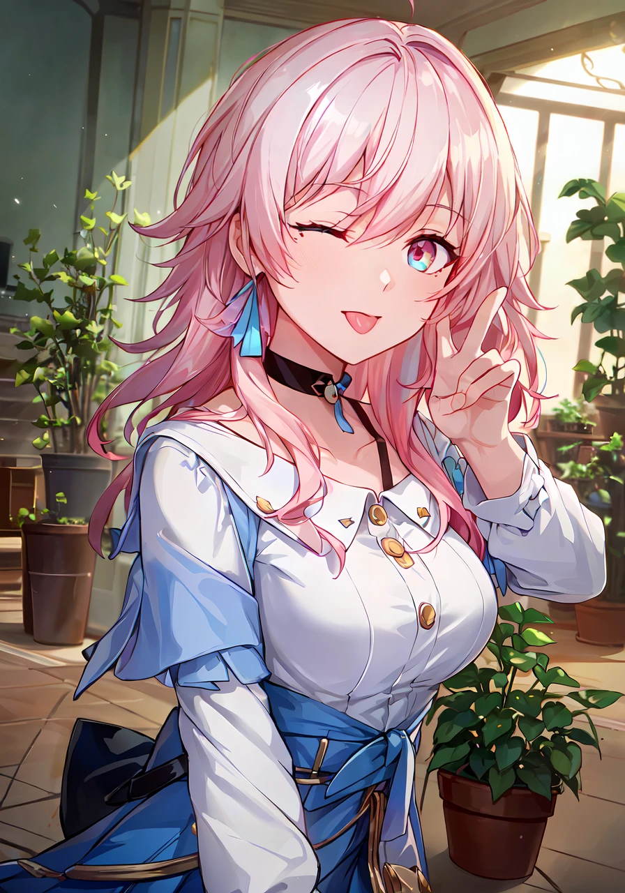 ((masterpiece)), breasts, looking_at_viewer, short hair, (multicolored_eyes:1.5), (pink hair:1.8), bangs, blue_eyes, ((tounge_out, :p, one eye closed, peace sign)), (long locks:1.4), (ribbon earrings),

masterpiece, best quality, high quality, absurdres, shiny skin, colorful, dynamic pose, stunning art, best quality, hyper detailed, dynamic angle, beatlful detailed, reflective hair, good lighting, ray tracing, depth of field, ultra-detailed, illustration, Amazing, fine detail, extremely detailed, ((ultra-detailed)), (beautiful detailed girl), beautiful detailed glow, intricate detail, highres, an extremely delicate and beautiful, beautiful detailed eyes, realistic, hdr, rounded eyes, detailed facial features,

(illustration), (beautiful detailed eyes), ((very detailed face)), depth_of_field, eyebrows_visible_through_hair, looking_at_viewer, (upper body:1.4),

clothes reflecting light, (light diffraction on skin: 1.35), (glossy skin: 1.55), (Iridescence Effect: 1.55),
 
collarbone, white_shirt, long_sleeves, choker, flower, blue camera, blue_skirt, blue_flower,

(indoor, potted plant:1.5),

critical angle