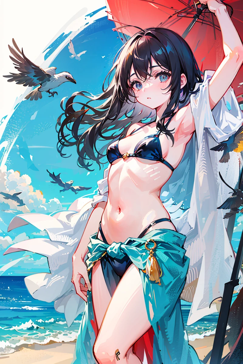 masterpiece,1girl,solo, standing,ocean,sarong,navel,long hair,seaside,bird