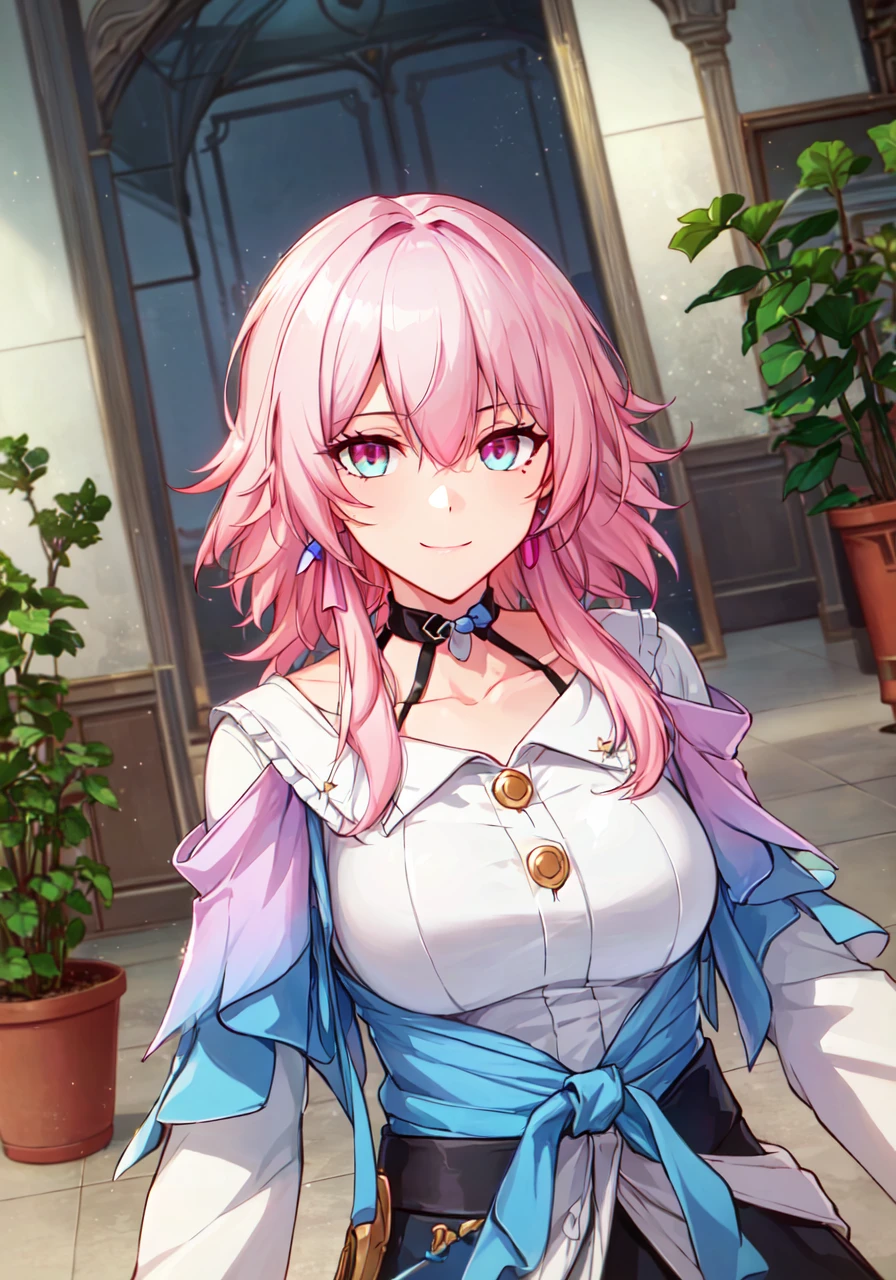 ((masterpiece)), breasts, looking_at_viewer, short hair, (multicolored_eyes:1.5), (pink hair:1.8), bangs, blue_eyes, ((light_smile)), (long locks:1.4), (ribbon earrings),

masterpiece, best quality, high quality, absurdres, shiny skin, colorful, dynamic pose, stunning art, best quality, hyper detailed, dynamic angle, beatlful detailed, reflective hair, good lighting, ray tracing, depth of field, ultra-detailed, illustration, Amazing, fine detail, extremely detailed, ((ultra-detailed)), (beautiful detailed girl), beautiful detailed glow, intricate detail, highres, an extremely delicate and beautiful, beautiful detailed eyes, realistic, hdr, rounded eyes, detailed facial features,

(illustration), (beautiful detailed eyes), ((very detailed face)), depth_of_field, eyebrows_visible_through_hair, frills, looking_at_viewer, (upper body:1.4),

clothes reflecting light, (light diffraction on skin: 1.35), (glossy skin: 1.55), (Iridescence Effect: 1.55),
 
collarbone, white_shirt, long_sleeves, choker, flower, camera,

(indoor, potted plant:1.5),

critical angle