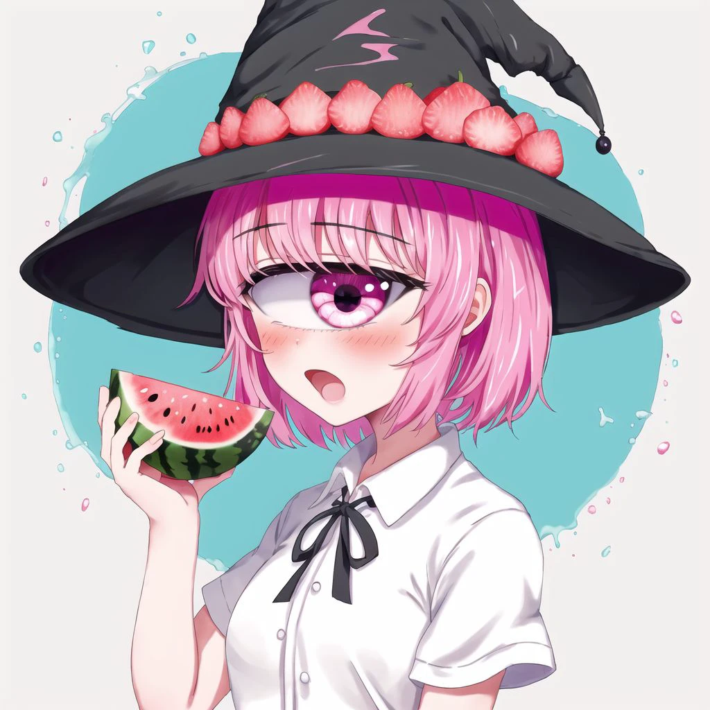 <lora:cyclops_retro_ham_avas_jun_rifl-08-02--rifl-09-01:1>,
cyclop,
1girl, aqua background, artist name, bangs, black eyes, blush, food, food themed clothes, fruit, hat, highres, holding, holding food, holding fruit, open mouth, pink hair, portrait, shirt, short hair, simple background, solo, sparkle, transparent, watermelon, white shirt, witch hat